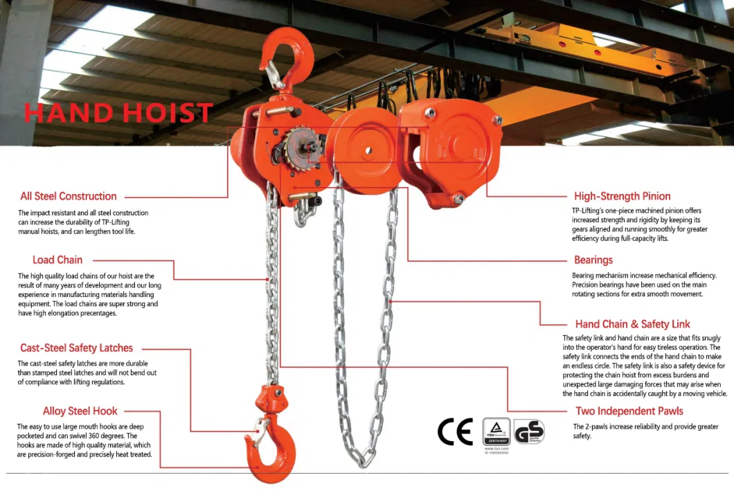 Tp-100A 1t Manual Pulley Chain Hoist Chain Block with G80 Load Chain